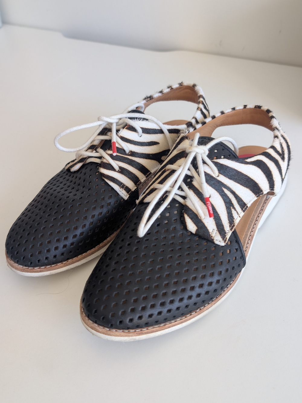 2 Pairs Australian Brand Rollie Zebra-Accent Lace-Up Flats in Black and White - Picture 8 of 12